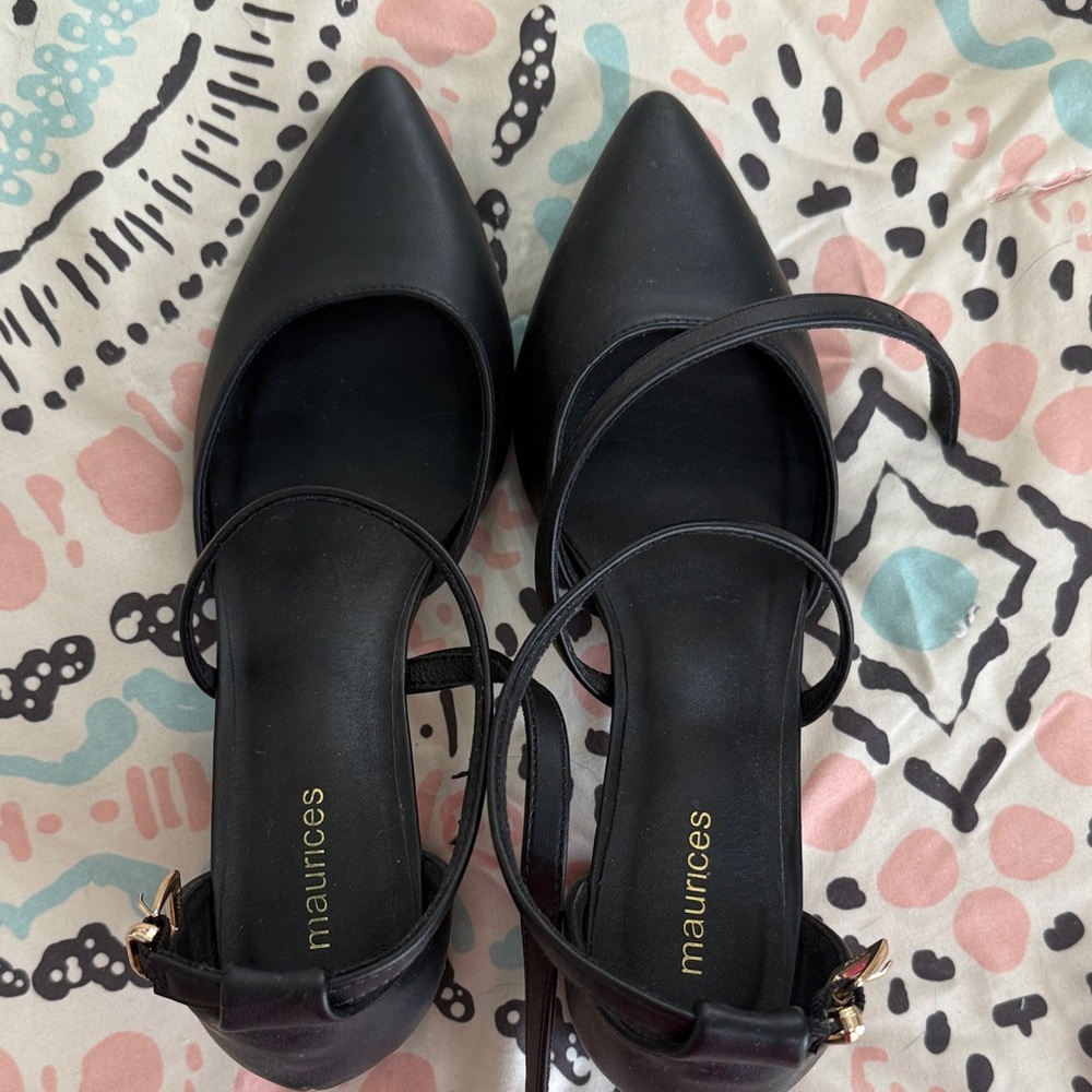 Maurices Black Pointed Toe Ankle-Strap Flats with Gold Buckles